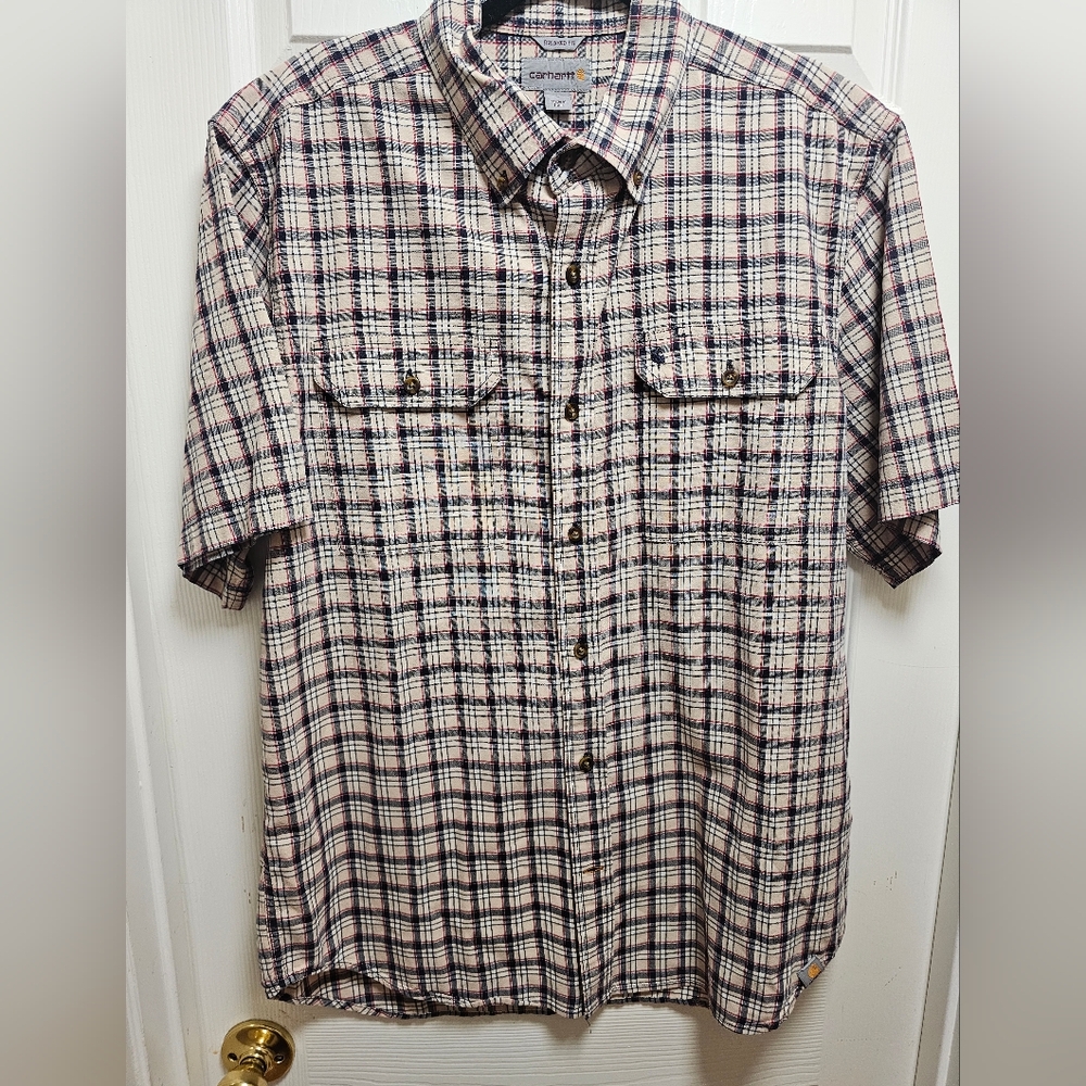 Carhartt Men’s Short Sleeve Plaid Button-Down Shirt Size L Beige Navy‎ Red